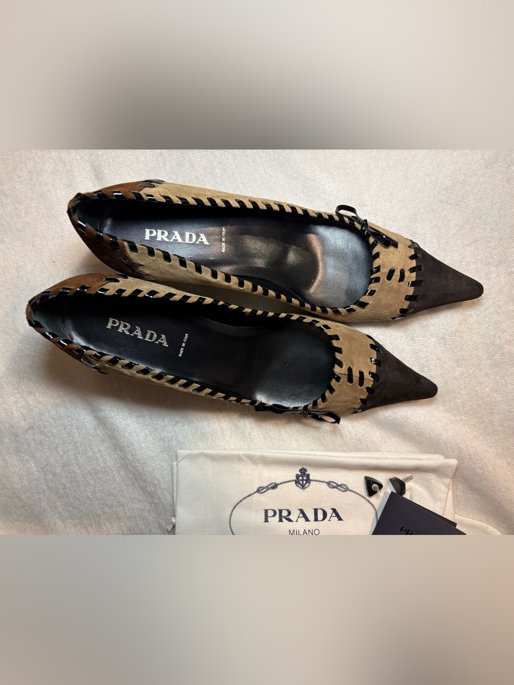 Vintage Prada Two-Tone Brown and Black Suede Pointed-Toe Flats